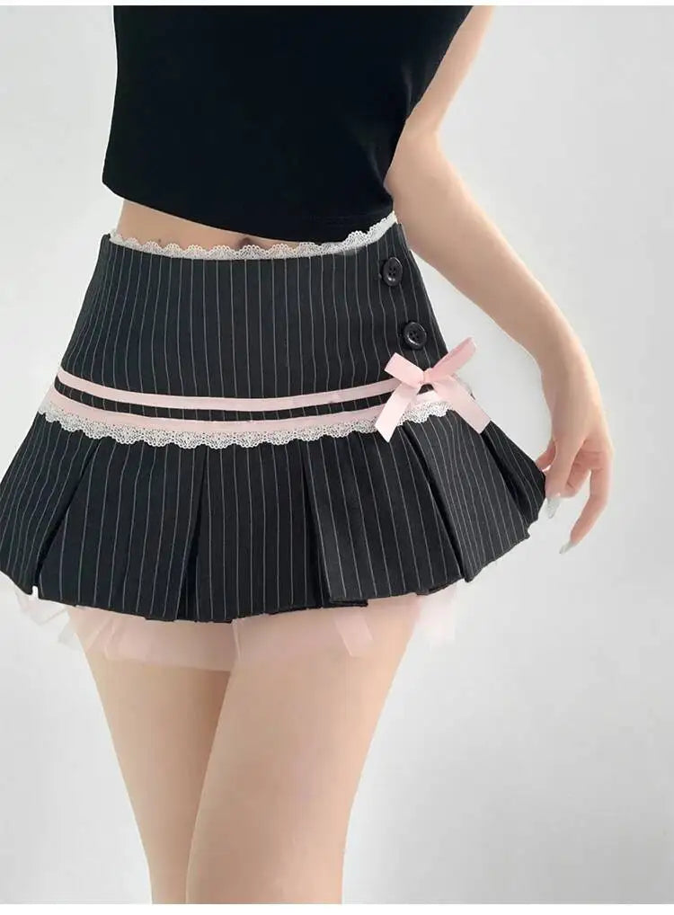 Striped Contrasting Color Bow Lace Splicing Pleated Skirt Women 2026 Summer American Style Low Waist  A-line Short Skirt UBFK