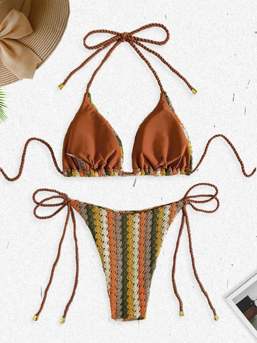 Contrast Mesh Halter Brazilian Bikini Women Swimwear Female Swimsuit Two-pieces Bikini set High Cut Bather Bathing Suit Swim