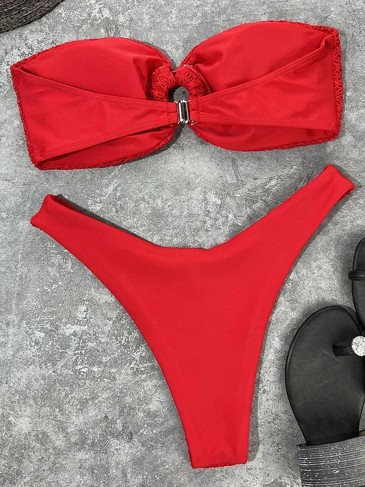Wrinkled Fishnet Strapless Bandeau Bikini Women Swimsuit Female Swimwear Two-pieces Bikini set High Cut Bather Bathing Suit Swim