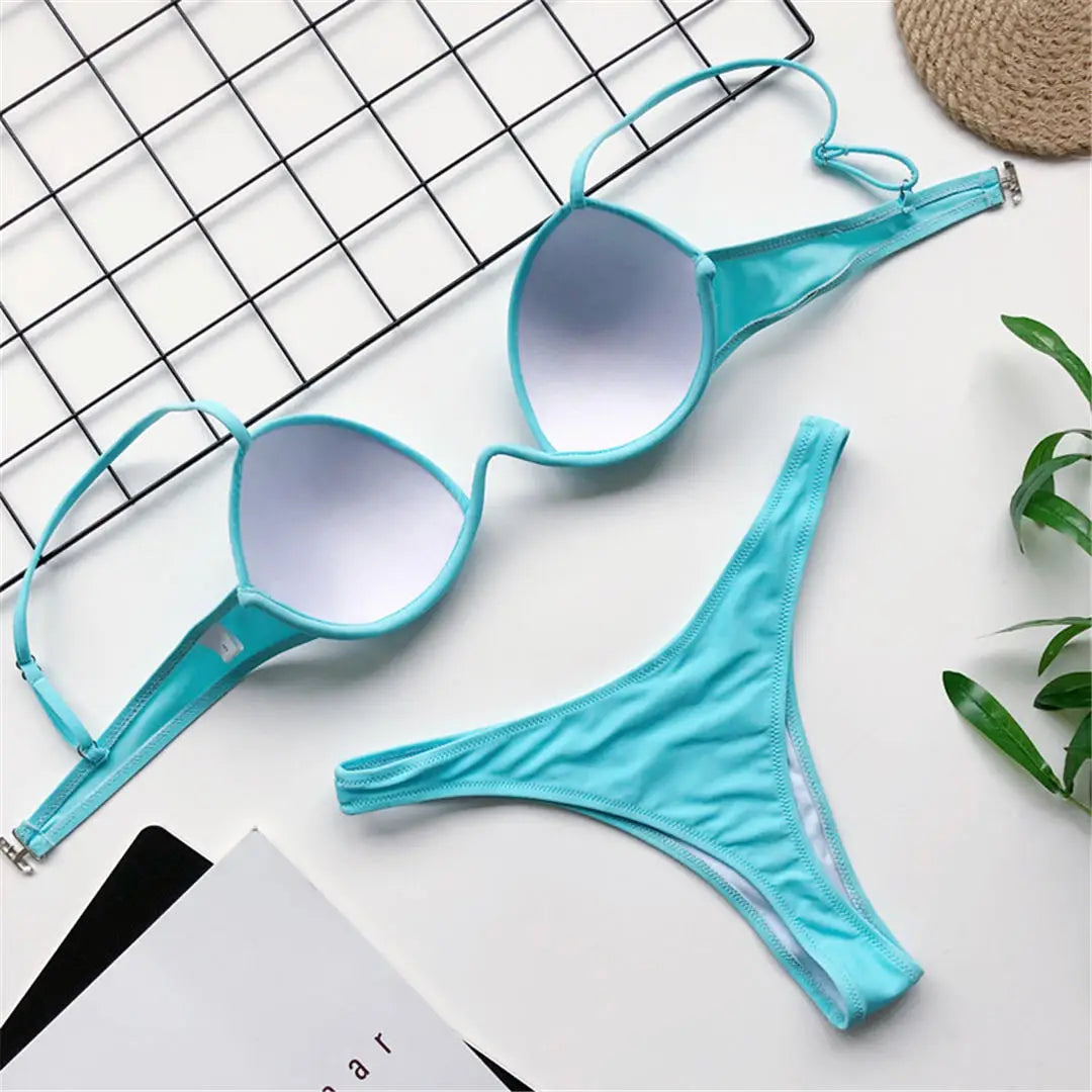 New Sexy V-bar Underwired Bra Push Up Bikini Women Swimwear Female Swimsuit Two-pieces Set V Wire Bather Bathing Suit Swim V1732