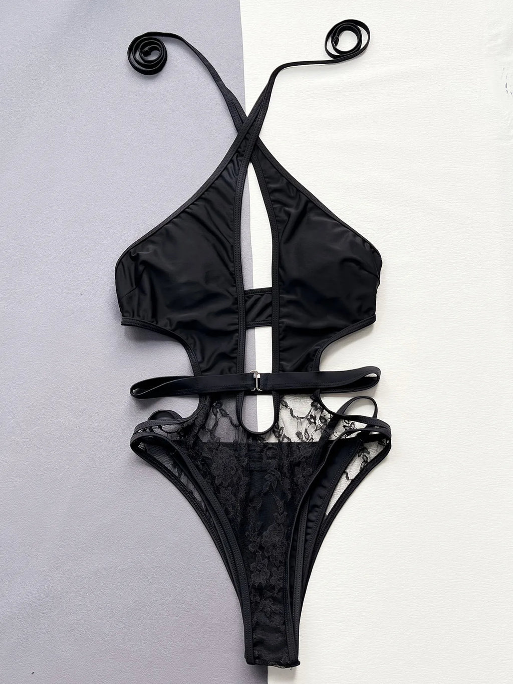 DEKA Black Lace Swimsuit Sexy Women One Pieces Swimwear Female Hollow Monokini Halter Bathing Suit Beachwear Solid Bodysuit