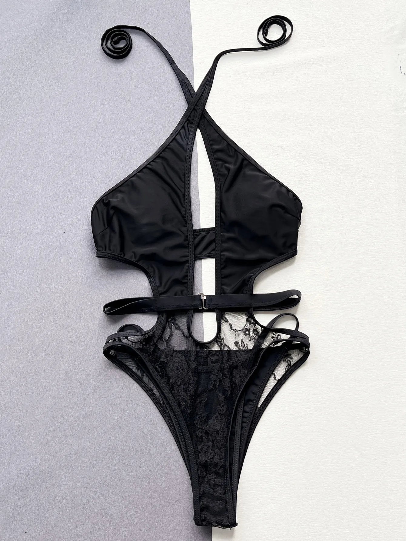 DEKA Black Lace Swimsuit Sexy Women One Pieces Swimwear Female Hollow Monokini Halter Bathing Suit Beachwear Solid Bodysuit