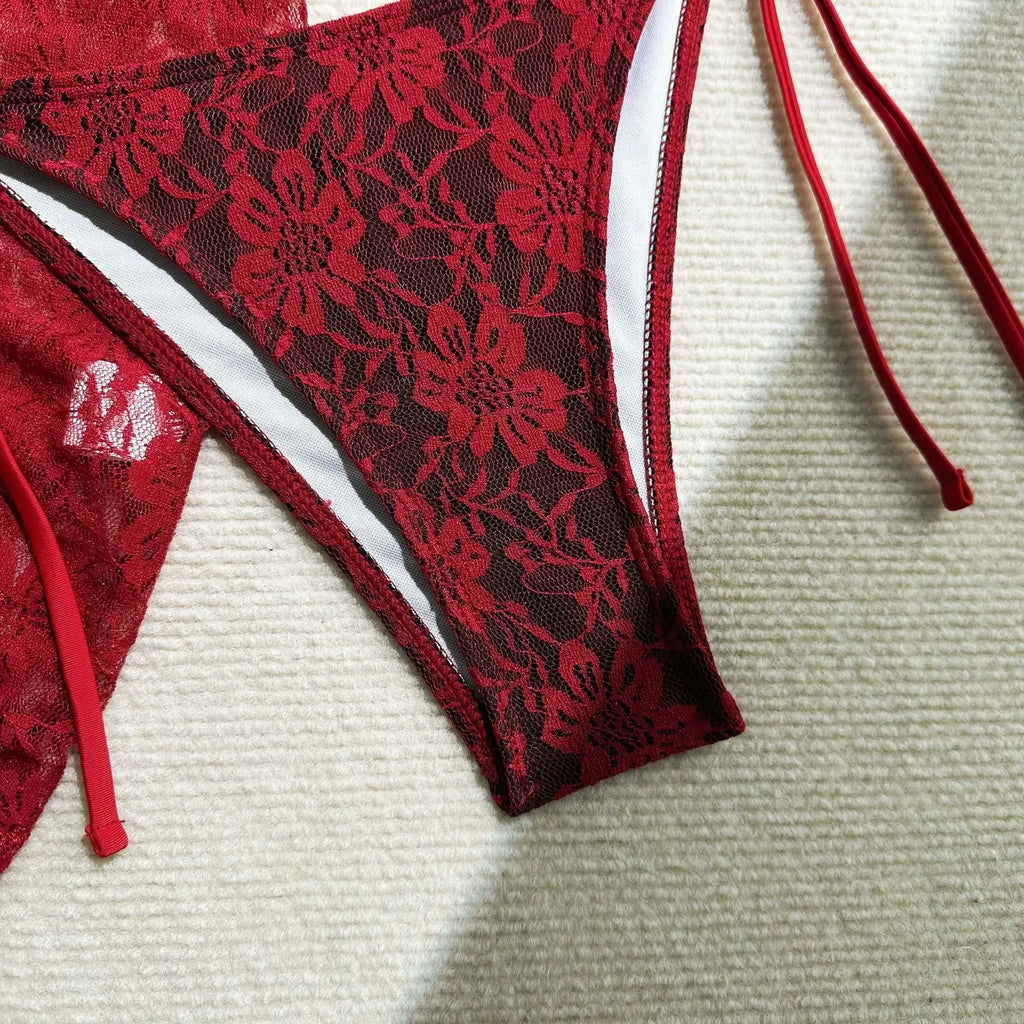 Sexy Lace Micro Mini String Halter Bikinis Sets 3pcs with Cover Skirt Black and Red 2 Color Swimwear Swimsuit Bathing Suit