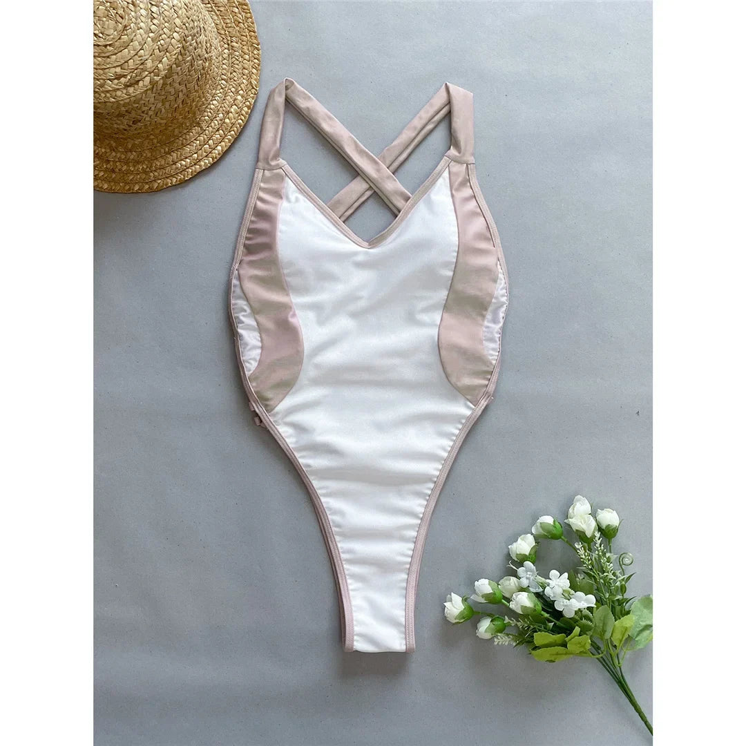 Sexy Splicing V Neck Cross Back Women Swimwear One Piece Swimsuit Female High Leg Cut Monokini Bather Bathing Suit Swim V5261