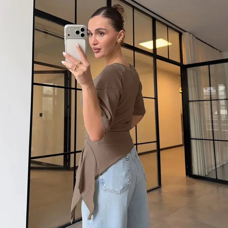 FDYOUI Women O-neck Short Sleeve Solid T-shirts 2026 Summer Chic Ruched Bandage Corset T-shirt Female Tunics Irregular Crop Tops