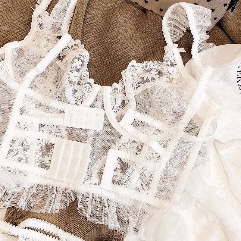 Sexy French Lace Bra and Thong Set Ultra Thin See Through Shaping Underwear Women's Embroidery Lace Camisole Lingerie Set MOYISU