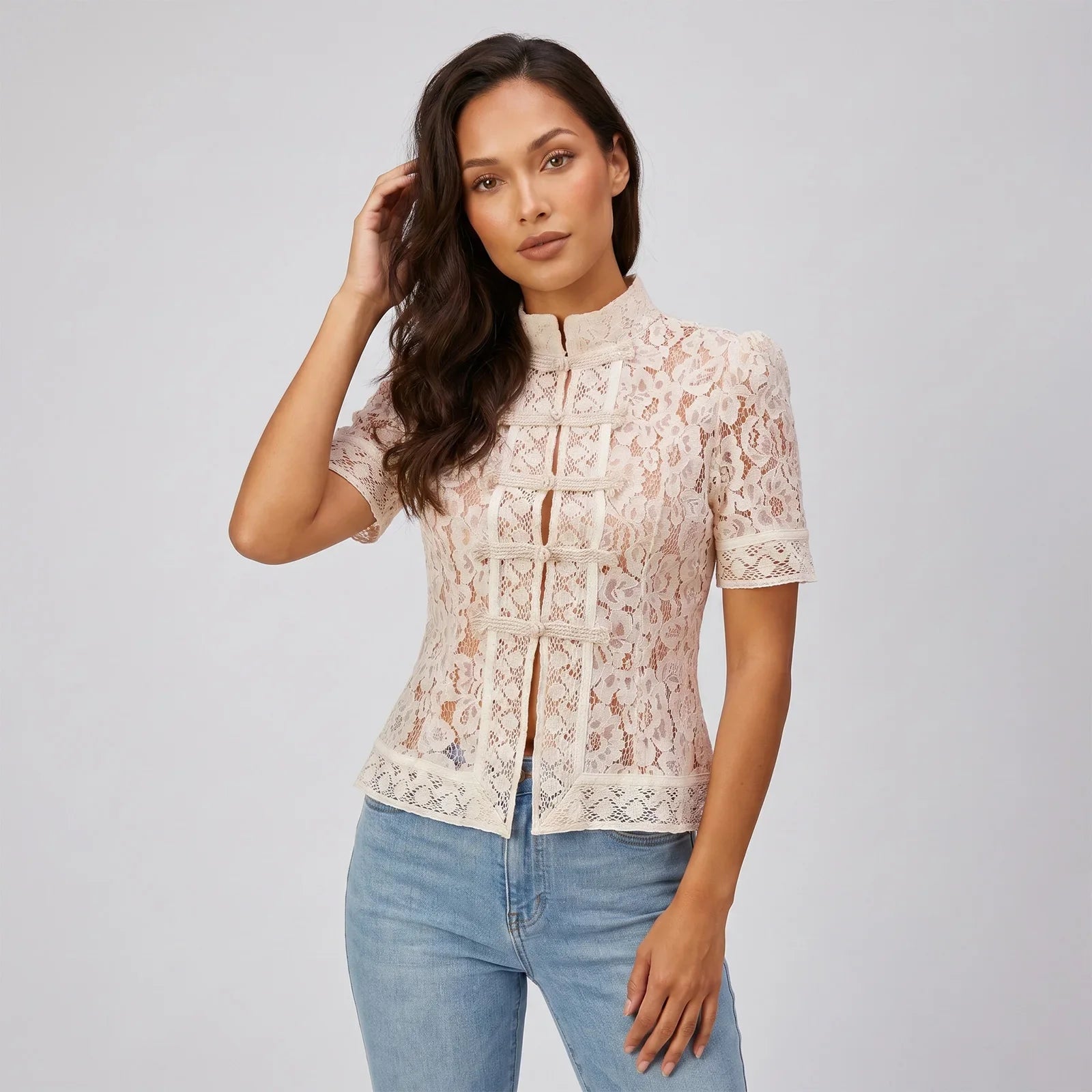 Summer Women's Retro Shirts Sheer Lace Blouse Elegant Stylish Button Down Short Sleeve Tops Casual Sexy