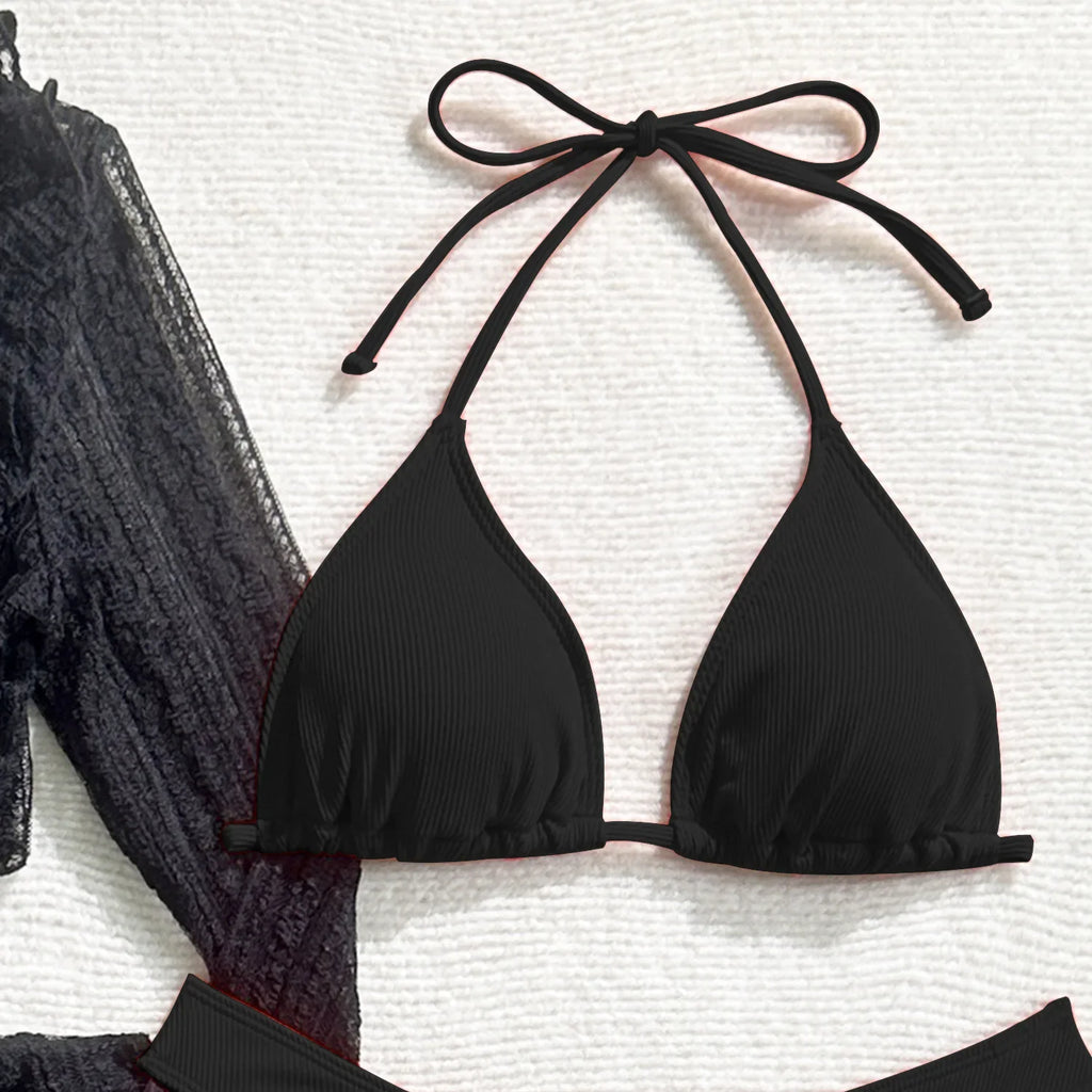 DEKA 4Pcs/Set Mesh Sheath Bikini Set Female Mini Camis Briefs Short Skirt Swimwear Fashion Drawstring Long Sleeve Boho Swimsuit