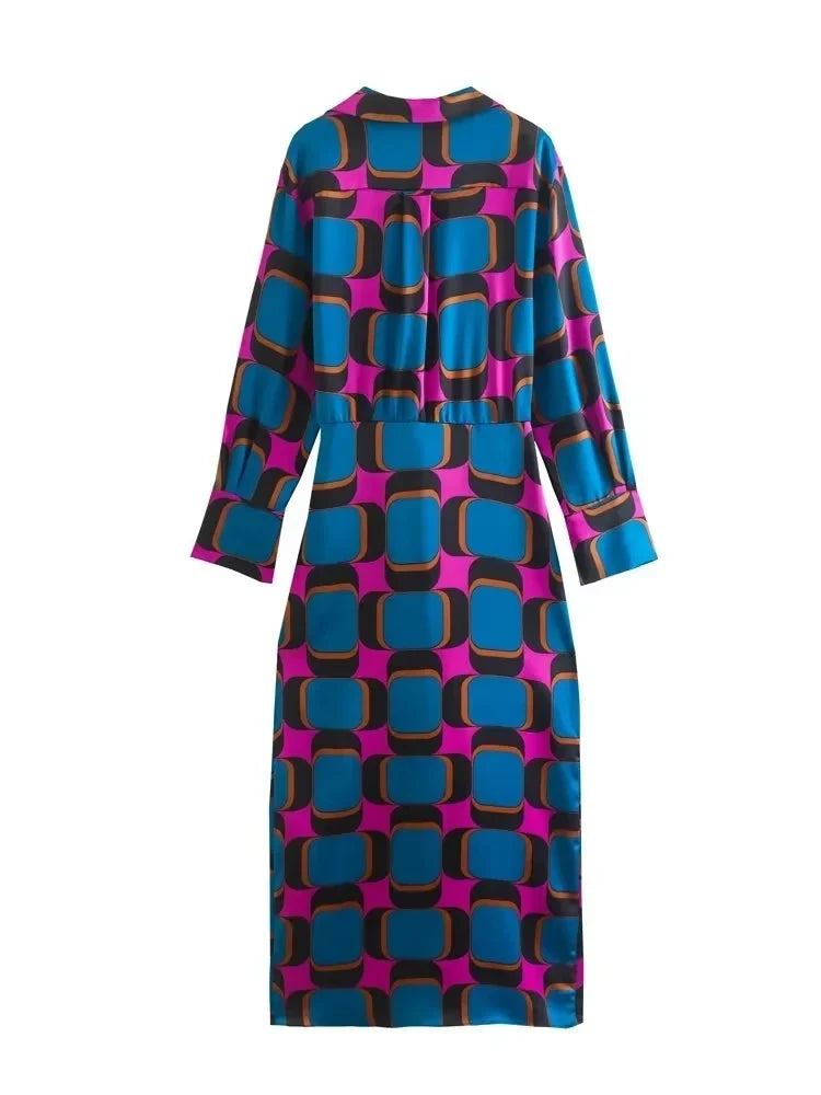 Foridol Side Split Women Fashion Geometric Print Blue New In Shirt Wrap Dress Women Long Sleeve Bowknot Maxi Long Vestido Robe