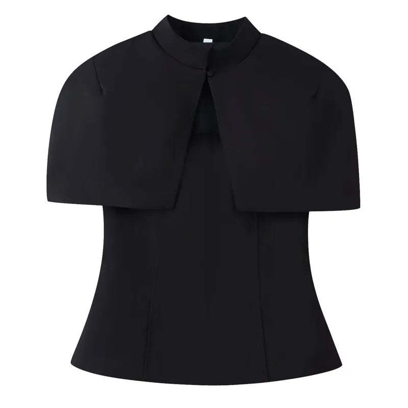 Women's Fashion Casual Shawl-Style Waist-Cinching Top Solid Color For Woman Elegant Cape Sleeve Top For Women White Black 81FF