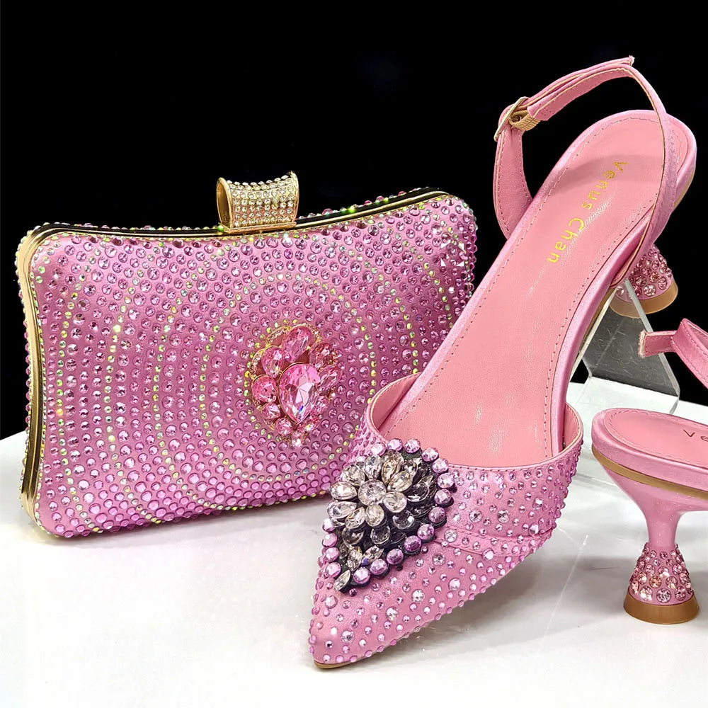 Doershow Italian purple Shoes And Bag Sets For Evening Party With Stones Italian Leather Handbags Match Bags! HX1-1