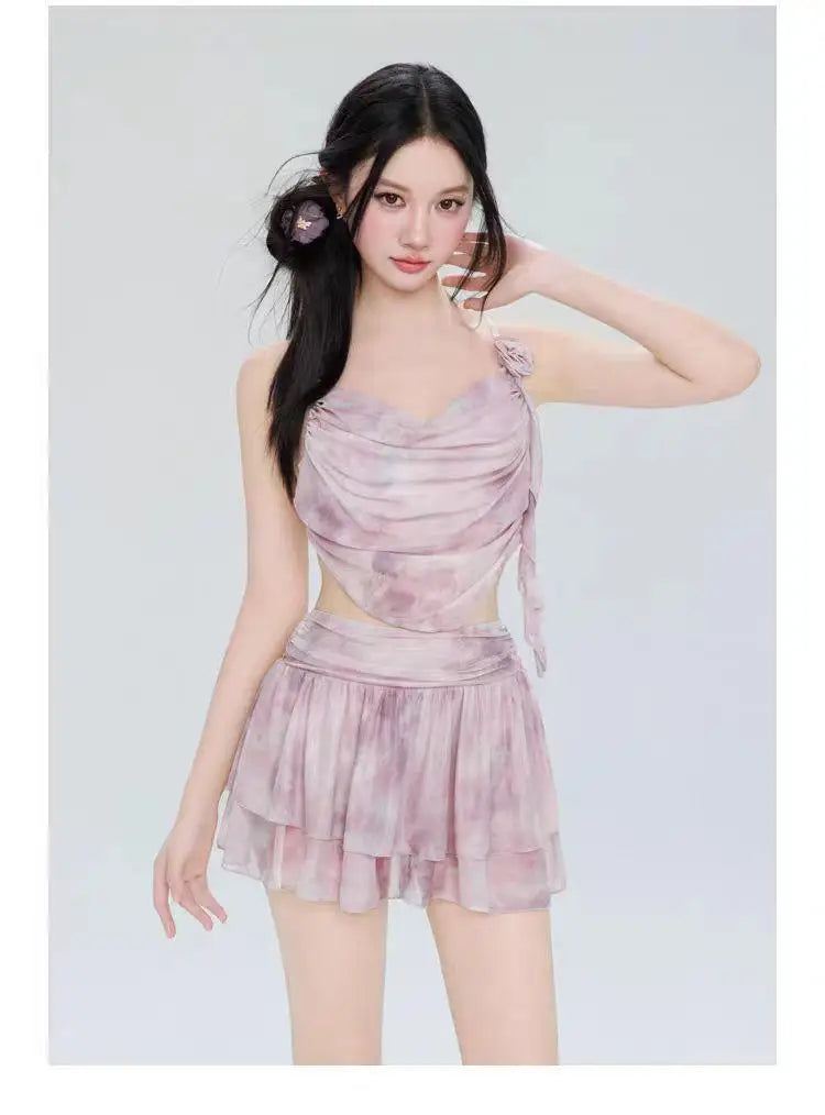 Swimsuit Women's Two-piece Fairy Style Sexy Hot Spring Skirt Style Three-dimensional Flower Ribbon Swimsuit