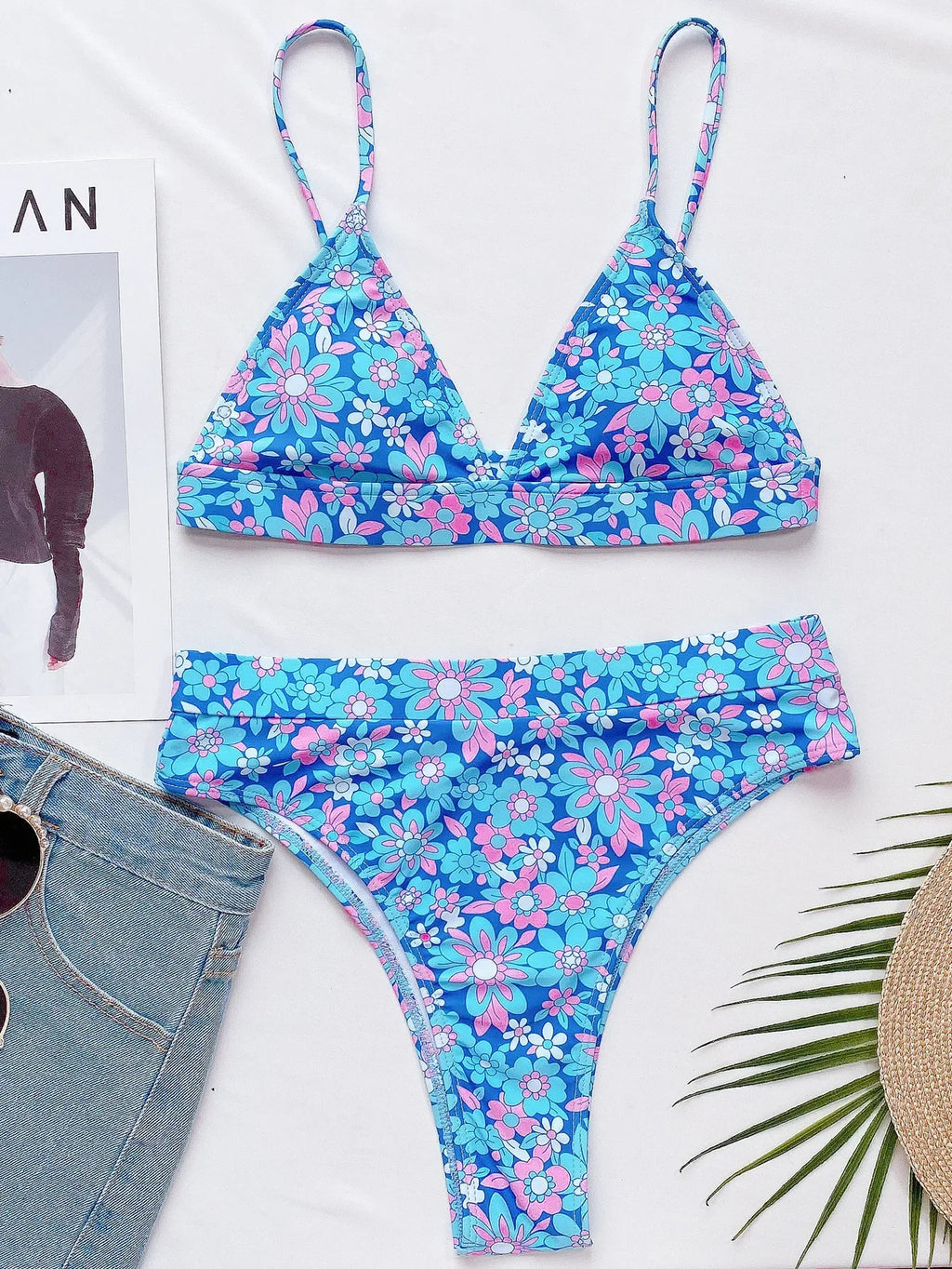 3 Colors Sexy Bikini Women Patchwork Small Floral Print High Waist Swimwear Swimsuit Bikinis Set Bathing Suit Biquinis Feminino