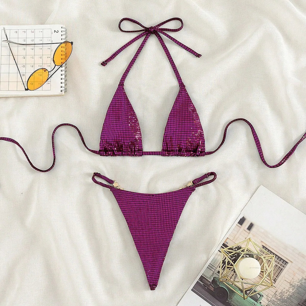 Luxury Jewelled Rhinestones Bikinis Sets Women Shiny Sequin Blue Gold Triangle Swimsuit 2024 Brazilian Bathing Suit Swimwear