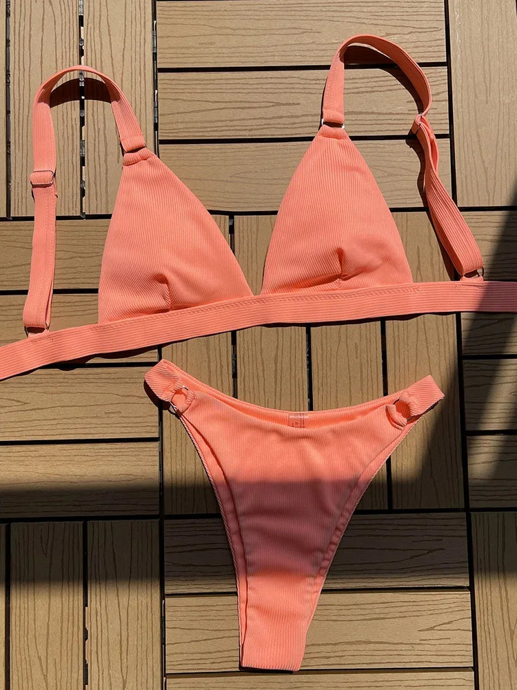 Ribbed Triangle High Cut Bikini Women Swimsuit Female Thong Swimwear Two Pieces Bikini Set Rings Bather Bathing Suit Swim Lady