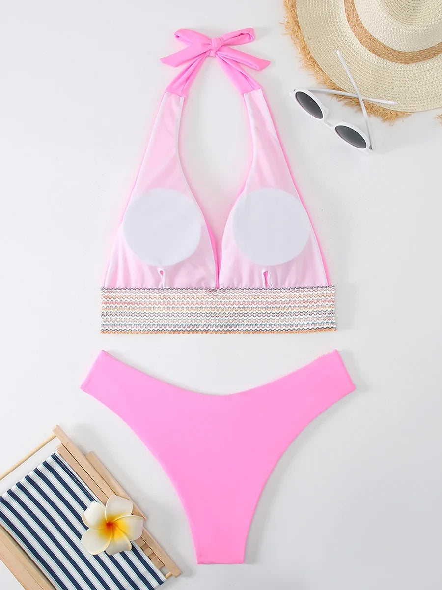 Halter Bikini 2025 Solid Bandage Swimsuit Women Padded High Cut Swimwear Female Bathers Bathing Swimming Swim Suit Beachwear