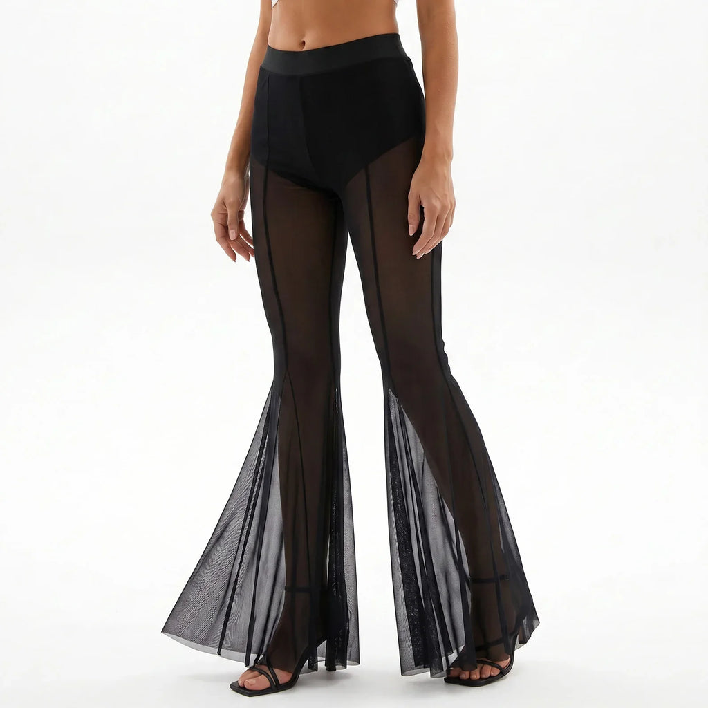 Fashion Women's Flared Pants Elastic High Waist Sheer Mesh Bell Bottoms Trousers Sexy Club Party Summer Streetwear