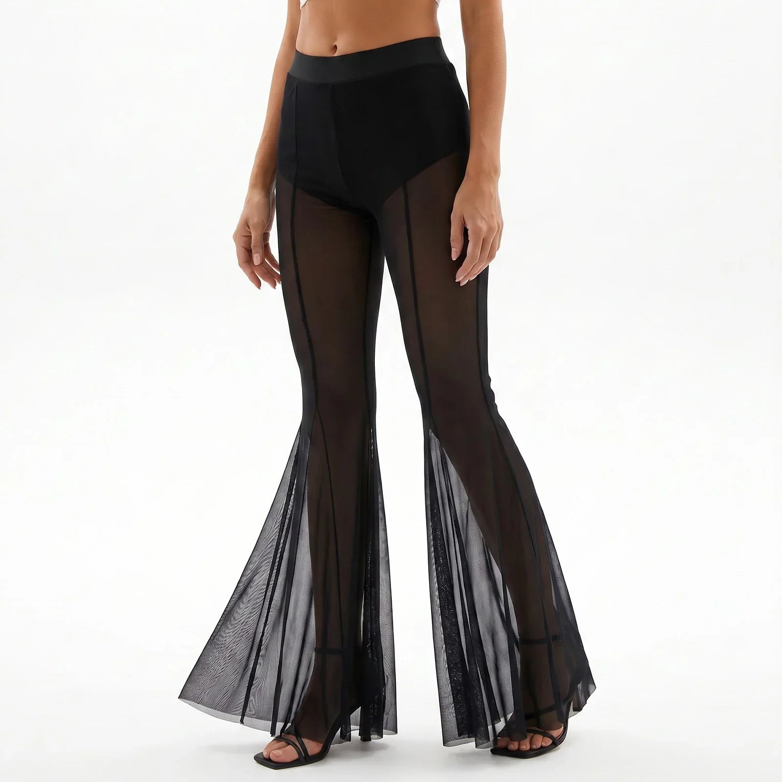 Fashion Women's Flared Pants Elastic High Waist Sheer Mesh Bell Bottoms Trousers Sexy Club Party Summer Streetwear