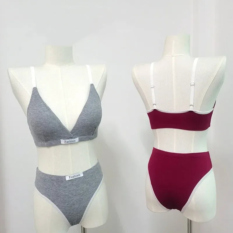 Women Cotton Bra And Panties Set Low Rise Briefs Panties Non-Wire Vneck Bras Sexy Lingerie Push Up Brassiere Female Underwear