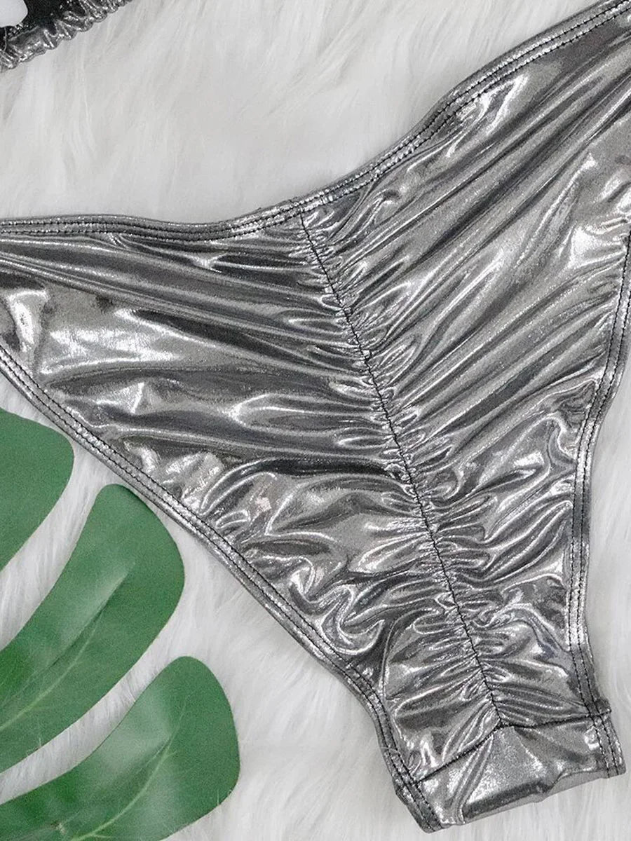 2025 Halter Sparkling Brazilian Diamond Bikini Women Swimsuit Female Swimwear Two Pieces Bikini Set PU Leather Bathing Suit Swim
