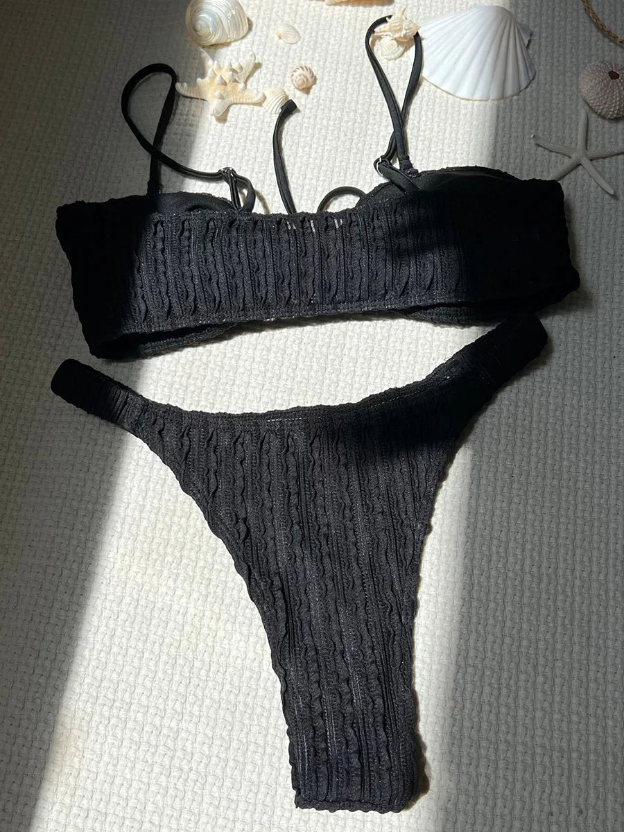 Wrinkled Crinkled Tie Knotted Bikini Women Swimwear Female Swimsuit Two-pieces Bikini Set Brazilian Bathing Suit Swim Beach Wear