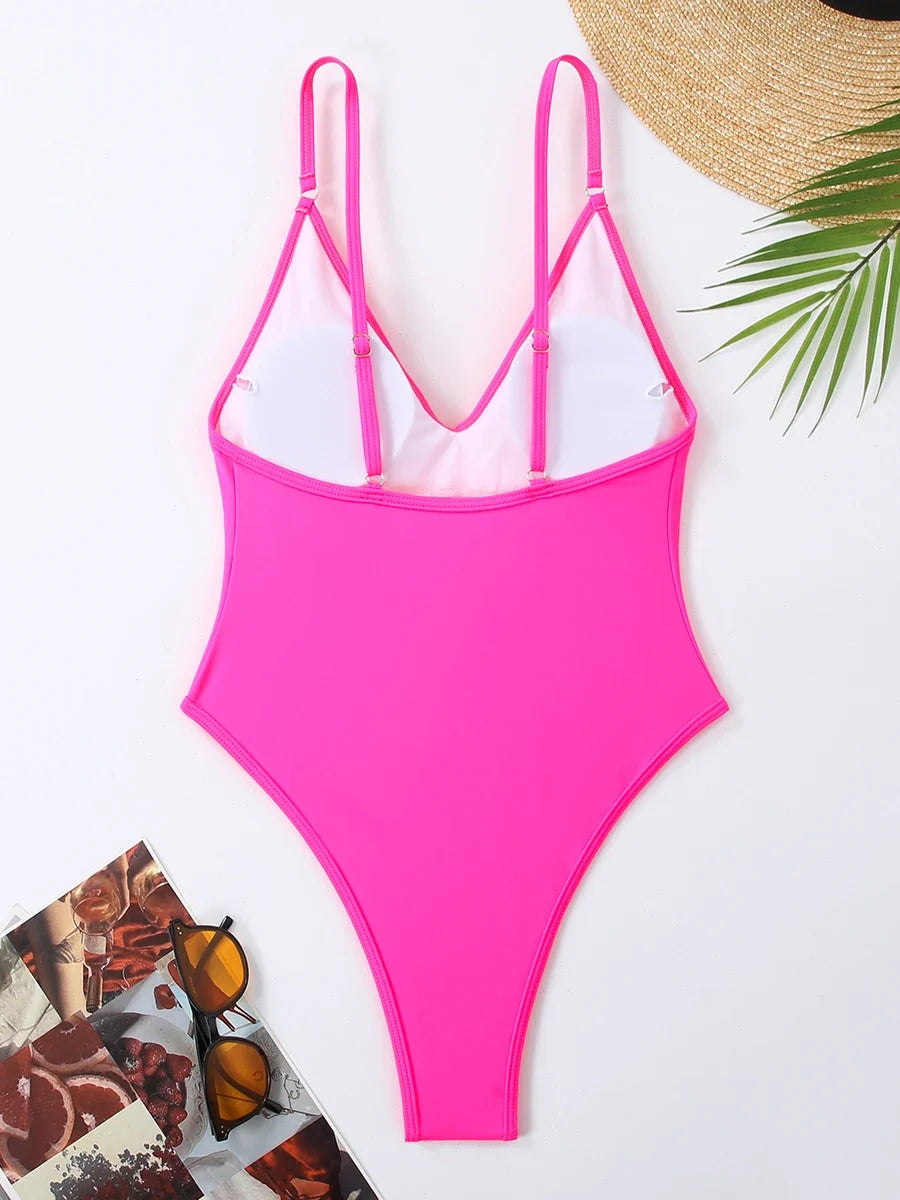 2026 Sexy Solid Swimsuit One Piece High Cut Swimwear Women V neck Backless Bathers Bathing Swimming Swim Suit Female Beachwear