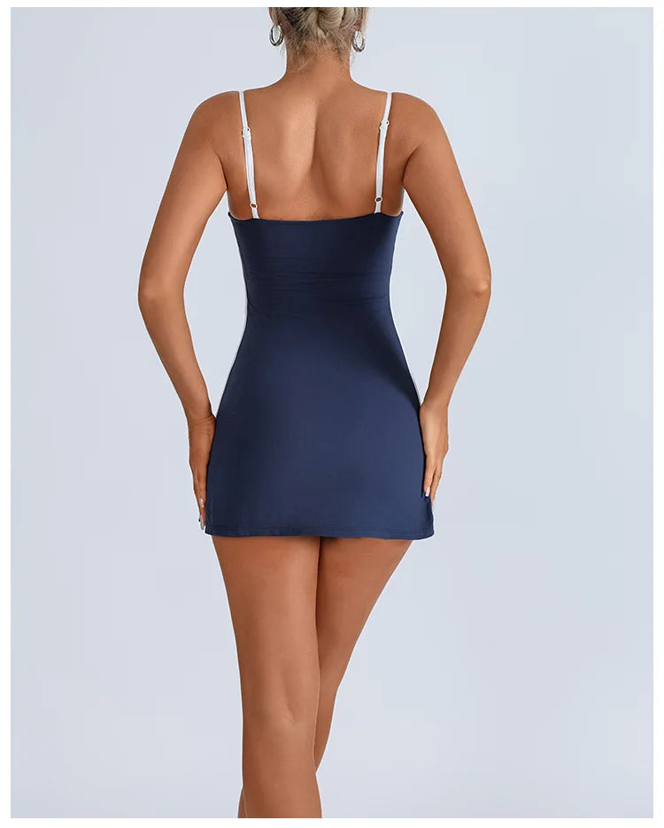 Women's Tennis Dress Summer Sleeveless Pink Contrast Workout Yoga Dresses Build in Shorts Fashion Tight Fitting Skirts Suit