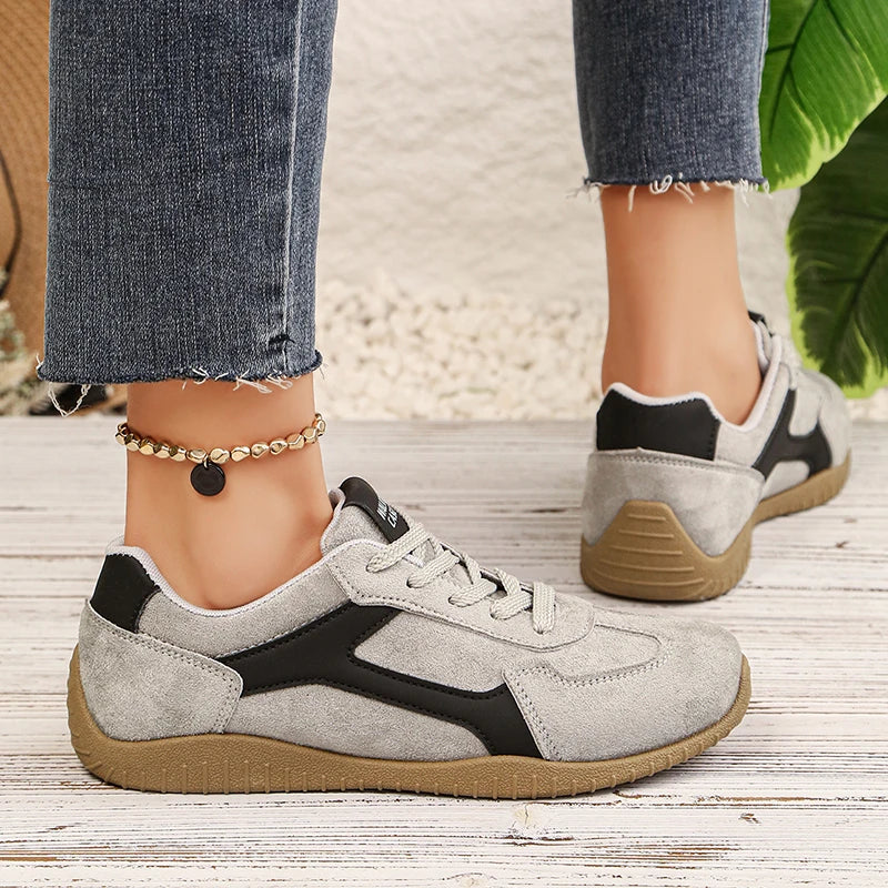 Fashion Gray Suede Flats Sneakers Women Non Slip Lace Up Platform Sneakers Woman Comfortable Thick Sole Sports Running Shoes