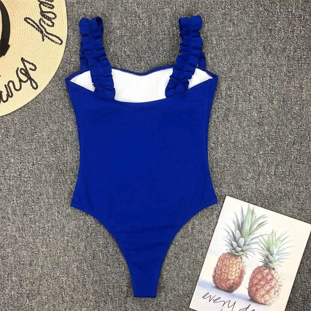 6 Colors Frill Trim Ruffled Sexy Women Swimwear One Piece Swimsuit Female Ribbed Bather Bathing Suit Swim Wear Monokini V1668