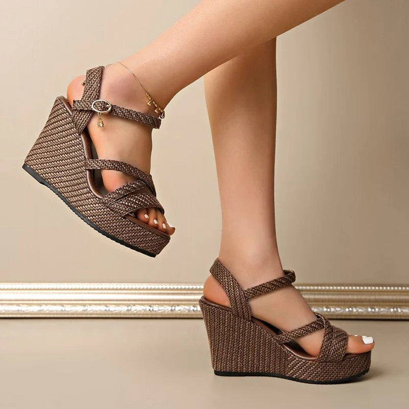 Ankle Buckle Coffee Wedges Sandals Women 2026 Summer Woven Chunky Platform Sandles Woman Peep Toe Plus Size Fashion Sandals 42