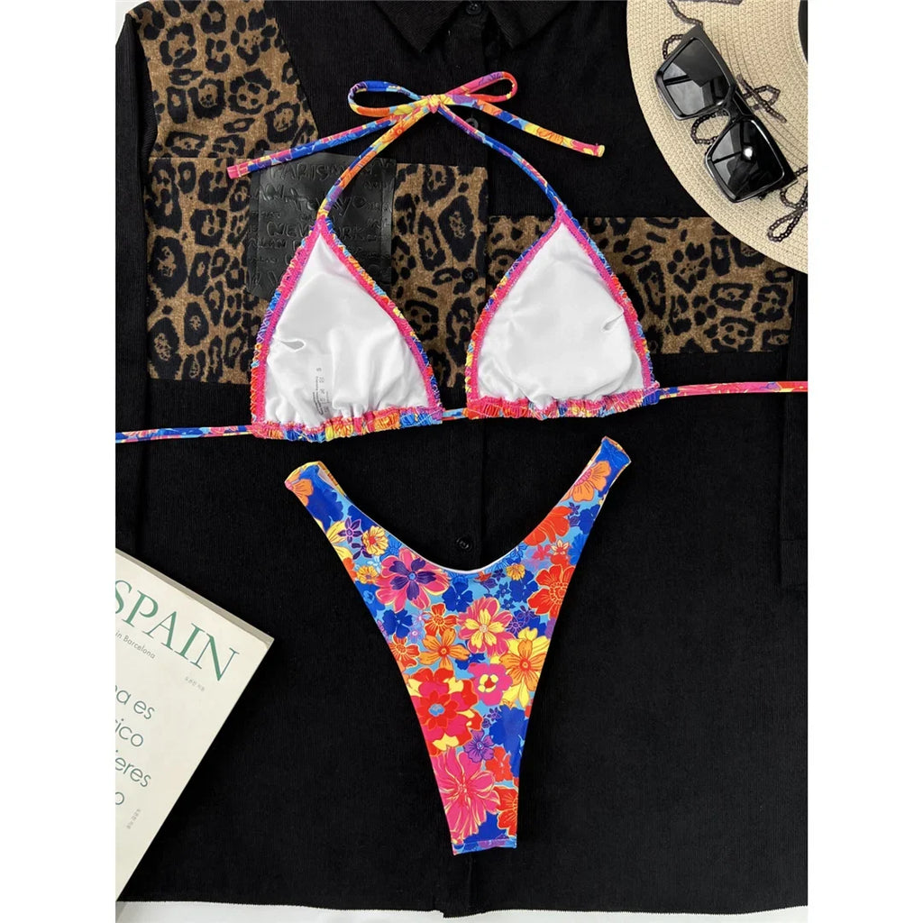 Sexy Floral Printed Halter Brazilian Bikini Female Swimsuit Women Swimwear Two-pieces Bikini set Bather Bathing Suit Swim V4667