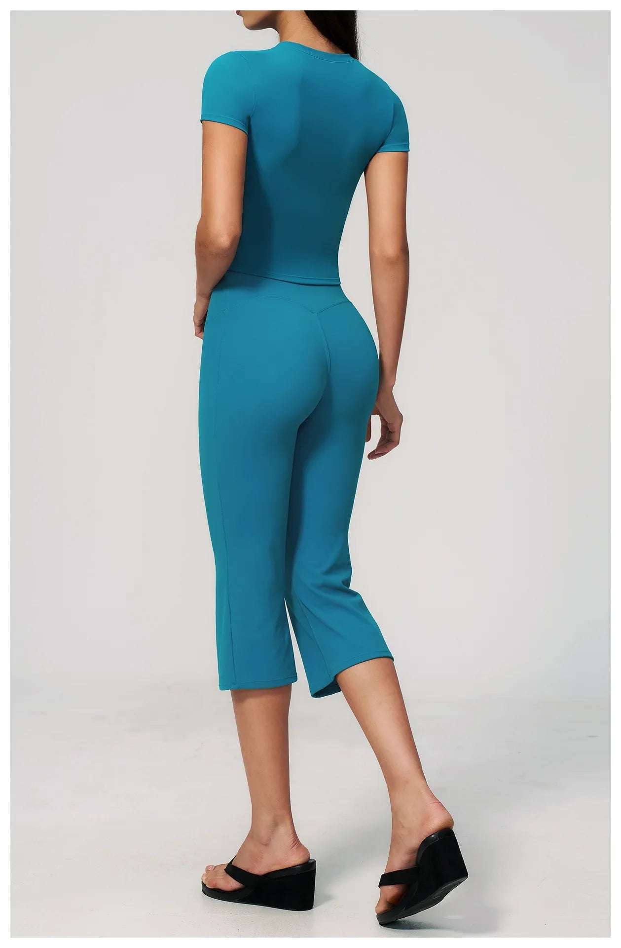 Yoga Set for Women High Waist Hip Lifting Tight Mid Pants Fitness Suit Short Sleeve O Neck Slimming Sports T Shirt Athletic Wear
