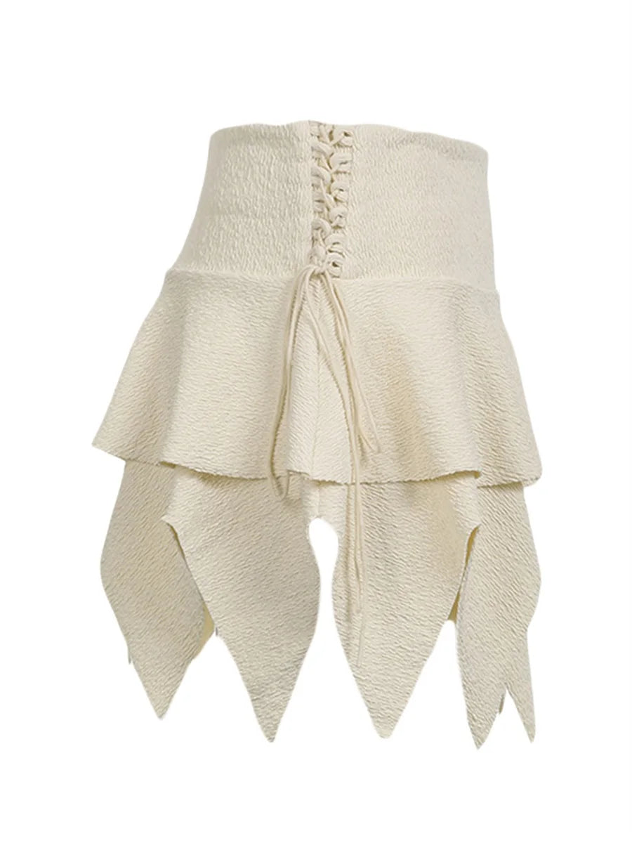 Summer Solid Color Gothic Mini Skirt Women Drawstring Elastic Band Short Y2K Skirt Irregular Hem Streetwear