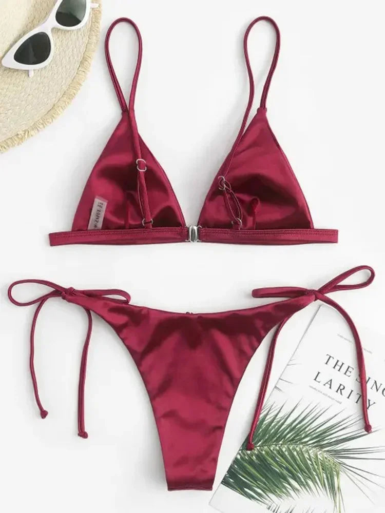 2025 Metallic Satin High Cut Brazilian Bikini Women Swimwear Female Swimsuit Two-pieces Bikini Set Bathing Suit Swim Beach Wear