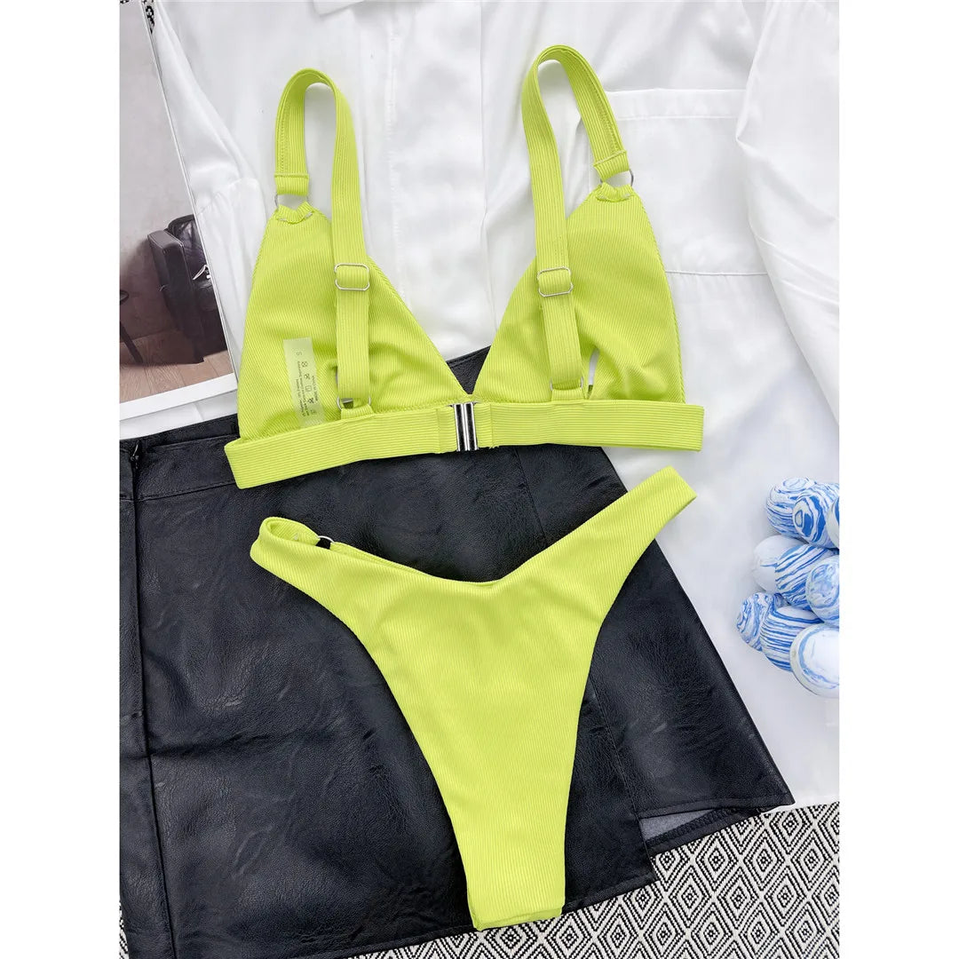 Sexy High Leg Cut Ribbed Bikini Women Swimwear Female Swimsuit Two-Pieces Bikini Set Padded Bather Bathing Suit Swim Lady V3255