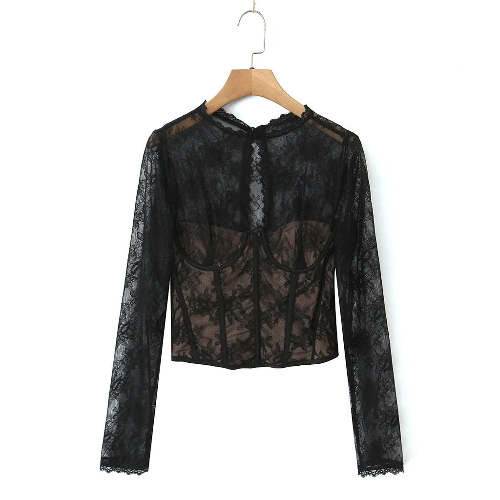 Pure Desire Sexy Sheer Crochet Lace Base Shirt Waist-Tightening Top T-Shirt For Woman Transparent Mesh Casual T-Shirt Charm ADSE