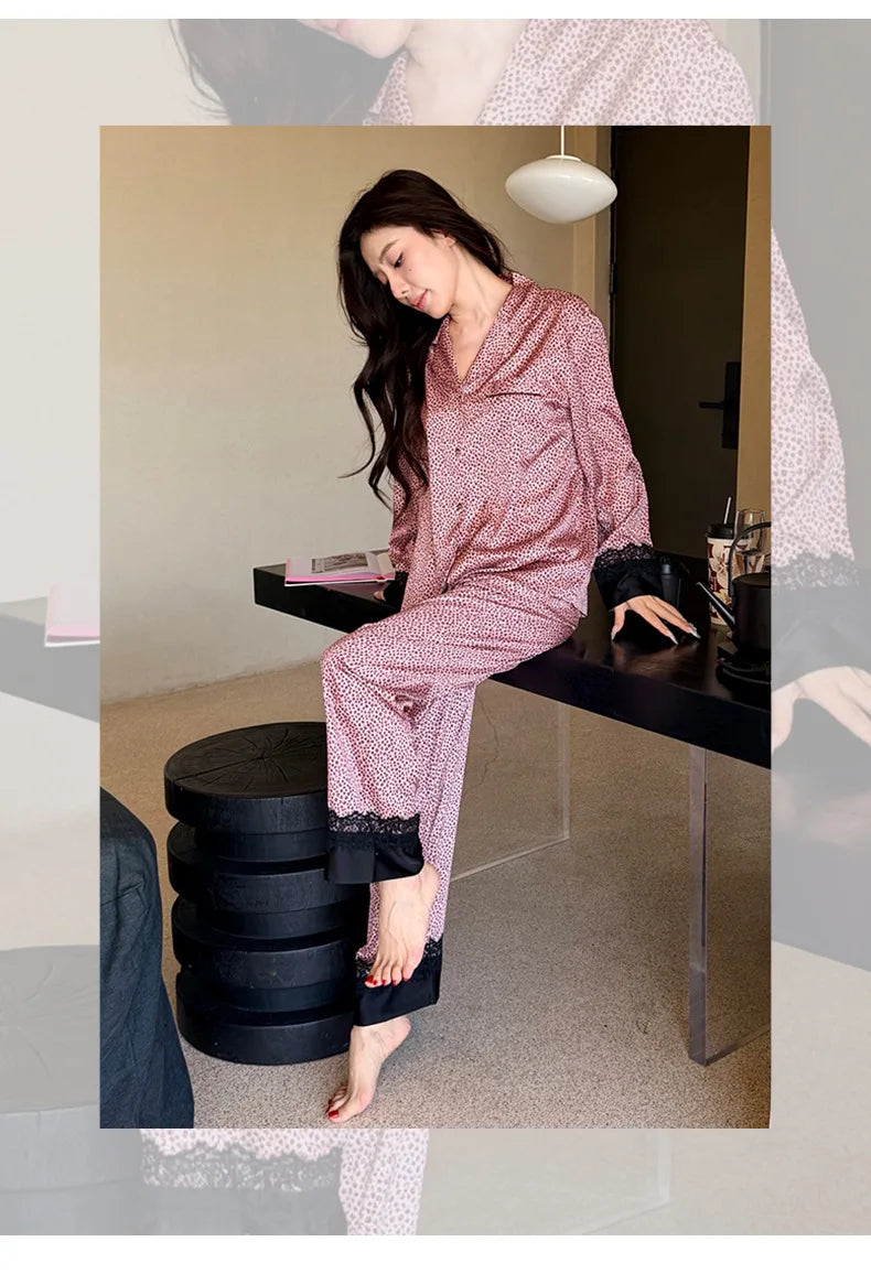 2026 Pajamas for Women Ice Silk Sexy Lace Small Leopard Print Long Sleeve Home Clothes Pajamas Set Can Be Weared Outside