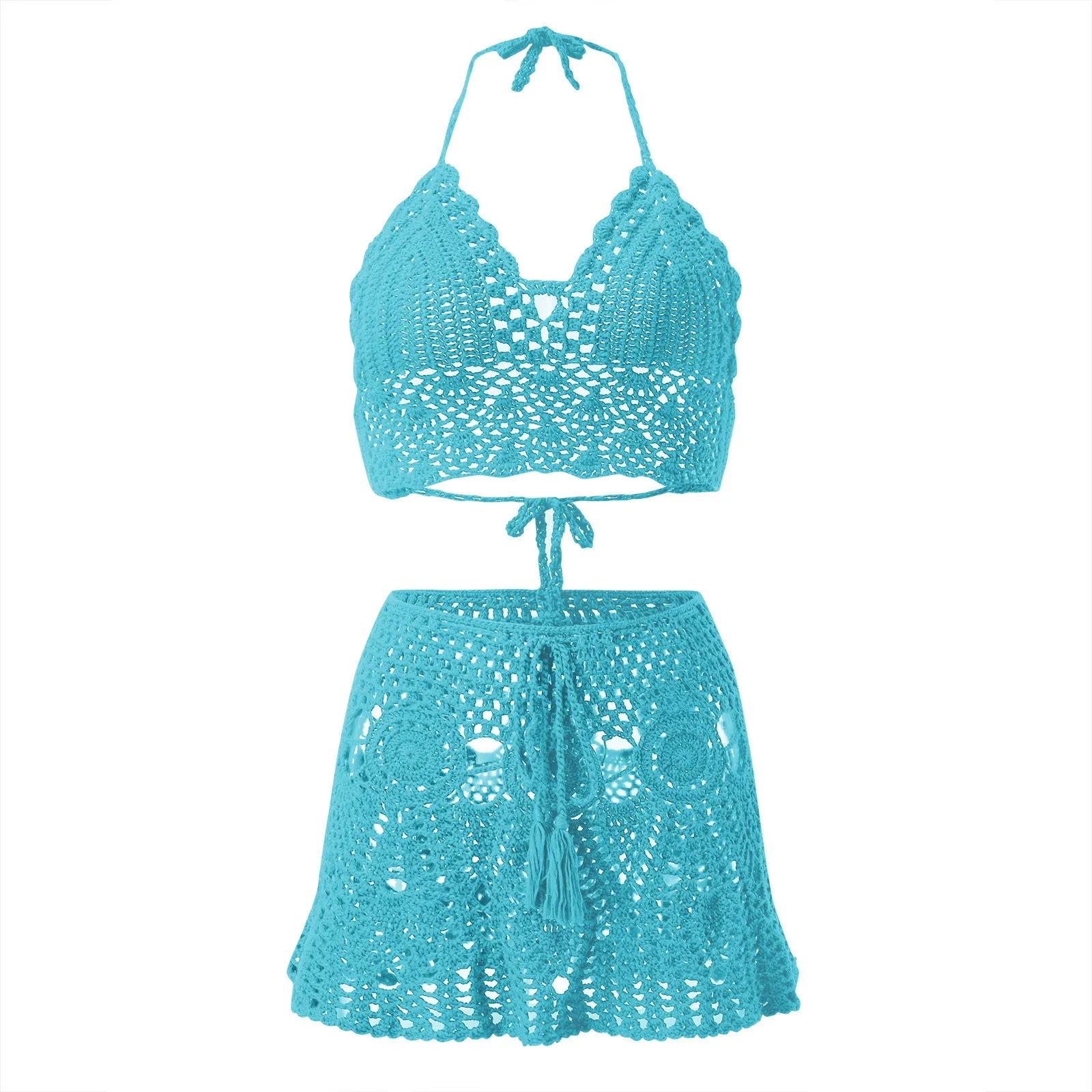 Bikinis Sets for Women Swimwear Crocheted Hollow Out Halter Crop Top Skirt 2 Piece Summer Bikini Beach Wear Swimsuit купальник