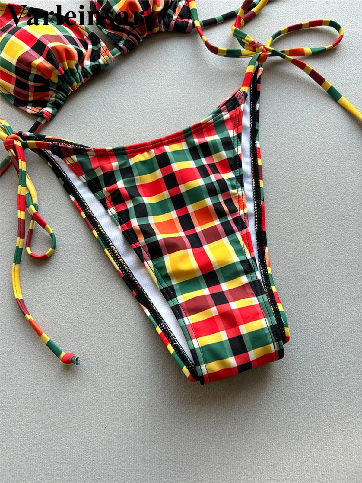 Sexy Plaid Halter Bikini Female Swimsuit Women Swimwear Two-pieces Bikini set High Leg Cut Padded Bather Bathing Suit Swim V7930