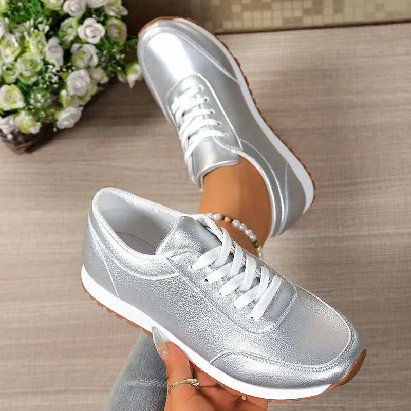 Fashion Gold Silver Platform Sneakers Women Spring Autumn Lace Up Plus Size Casual Sneakers Woman Comfort Non Slip Sport Shoes