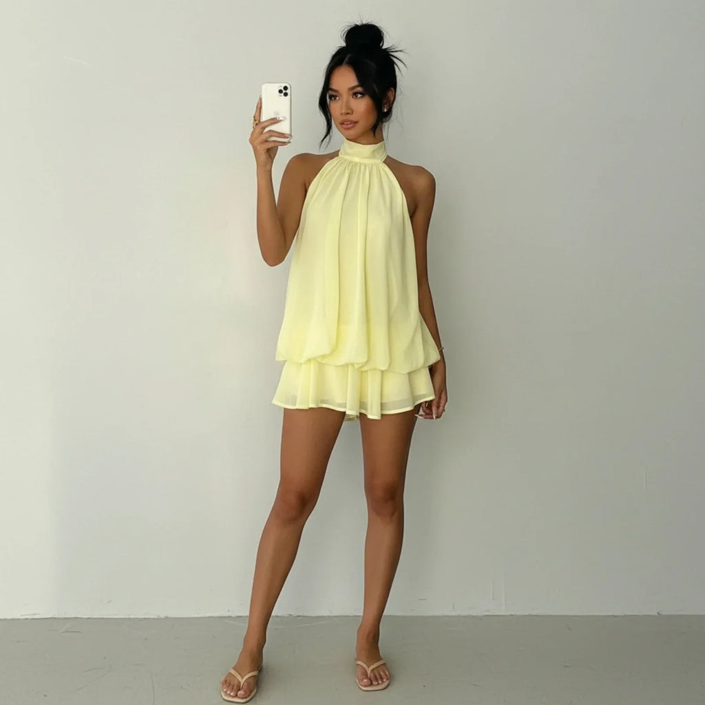 Women's Summer Solid Color Halter Neck Mini Dress Sleeveless Open Back Drop Waist Ruffle Beach Clubbing Dresses