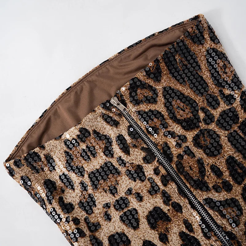 Sexy Chic Leopard Printed Corset Tops Women's Fashion Skinny Zip-up Sequins Crop Tops Strapless Night Club Outfit Streetwear