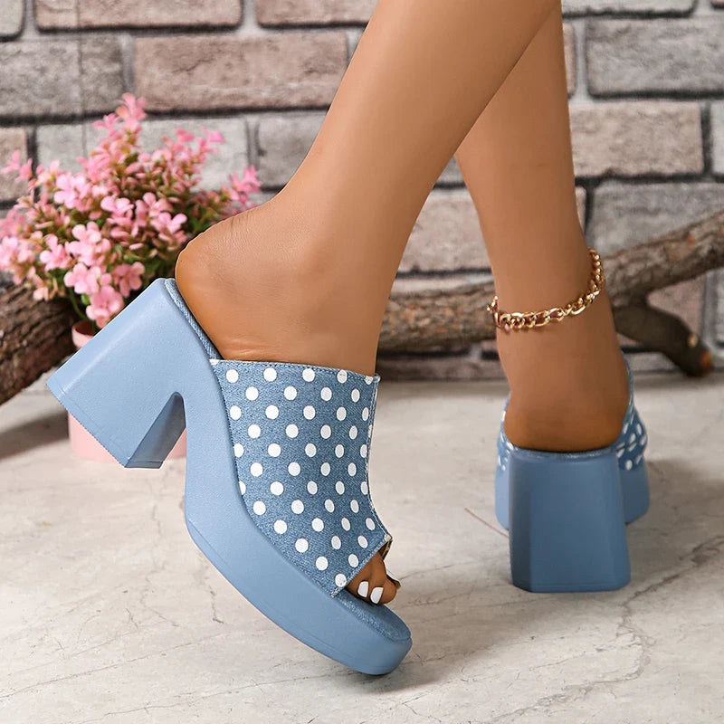 Casual 2025 Polka Dot Design Blue Slippers Women New Square Toe Thick Bottom Sandal Woman Summer Comfort Thick Sole Slides Mujer
