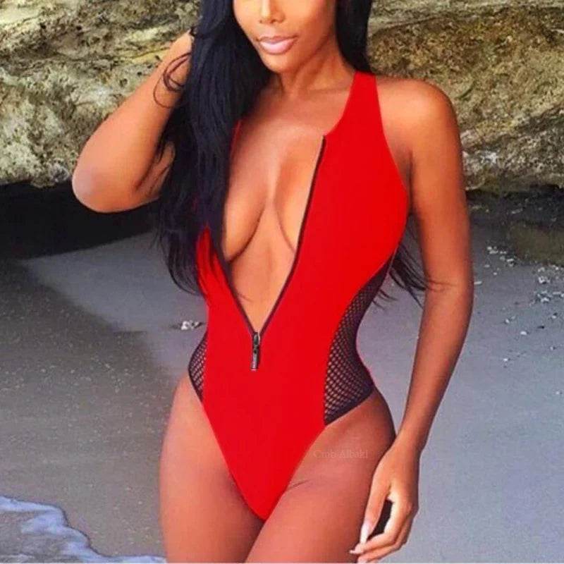 Splicing Fishnet Mesh Zipper Female Swimwear One Piece Swimsuit Women Monokini High Leg Cut Bather Bathing Suit Swim Beach Wear