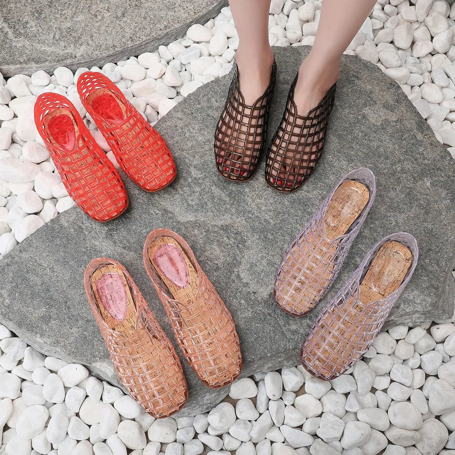 New 2026 Women Leisure Jelly Sandals Cut-out Soft PVC Breathable Summer Flat Shoes Close Toe Female Street Flats