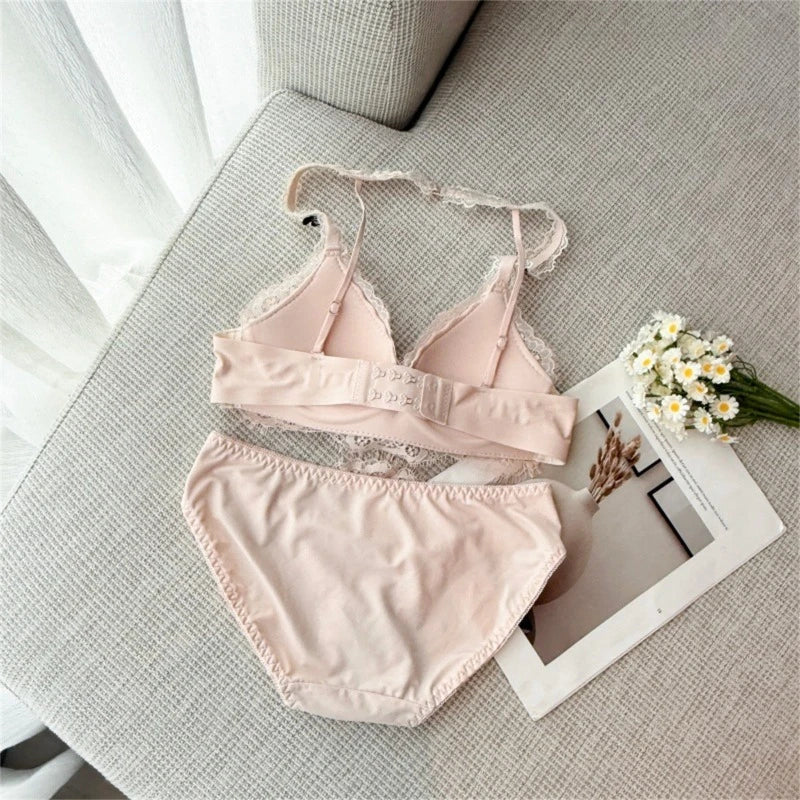 Deep V Halter Neck Bra Set French Style, Lace Push Up Bralette for Small Chest, Sexy Wireless Triangle Bra Set MOYISU Sexy Tushy