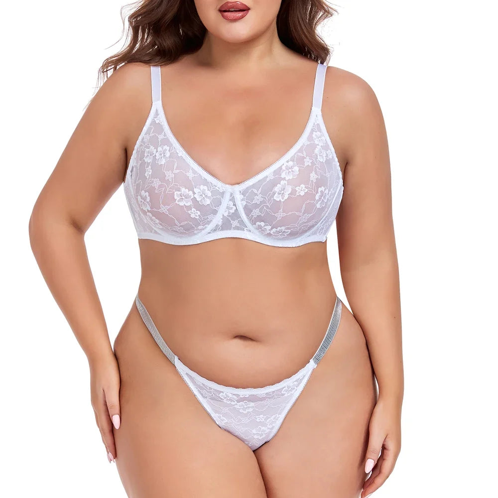 Sexy Floral Lace Womens Lingerie Set Breathable Erotic Bra And Briefs Sets Panties Thong Plus Size Underwear B C D E F Cup