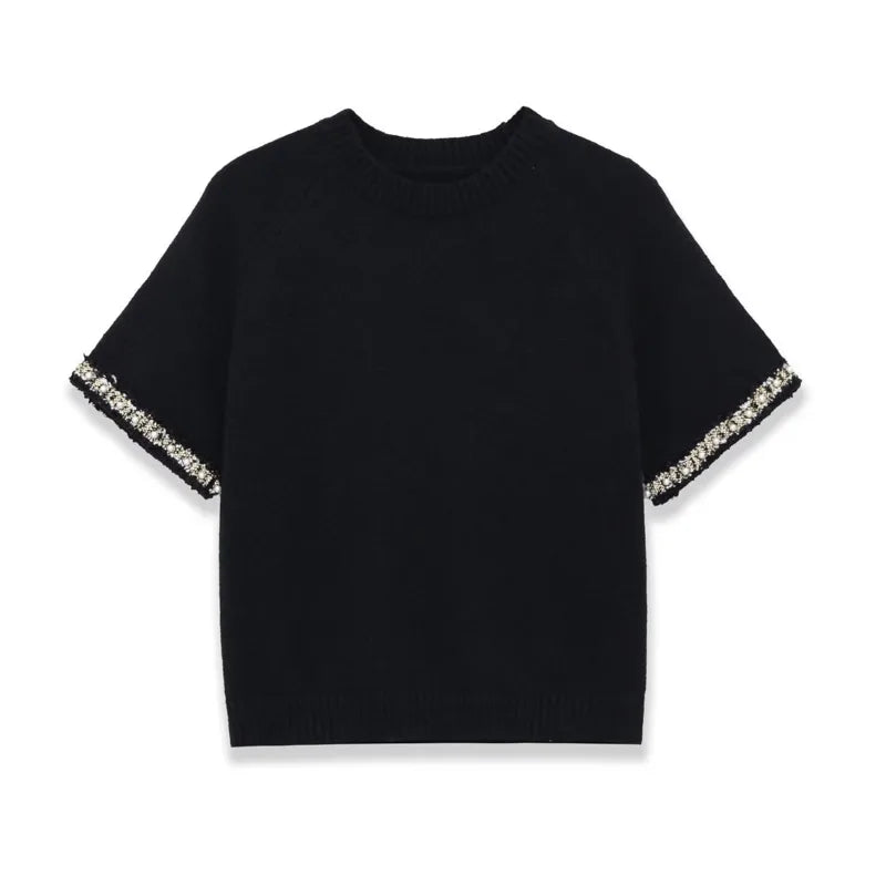 Fashion Casual Short-sleeve Knit Top With Black Short Sleeve Knit Top Gold Button Detail Round Neck Slim Fit Casual Sweater GRQ4