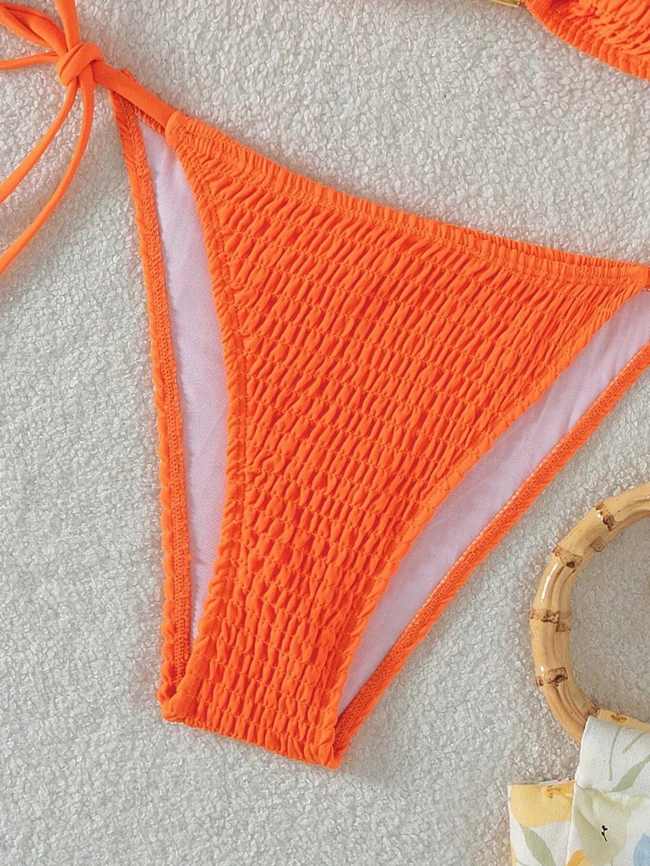 Halter Tie Side Pleated Smocked Bikini Women Bandeau Swimsuit Female Swimwear Two Pieces Bikini Set Bathing Suit Swim Beach Wear