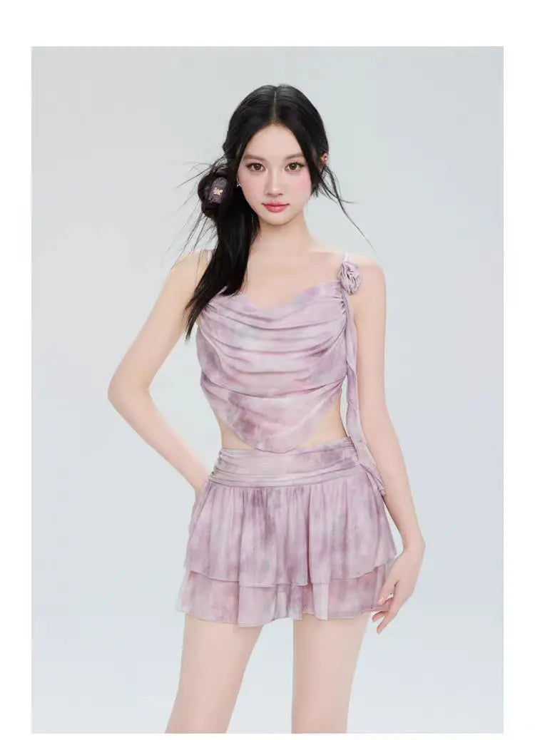 Swimsuit Women's Two-piece Fairy Style Sexy Hot Spring Skirt Style Three-dimensional Flower Ribbon Swimsuit